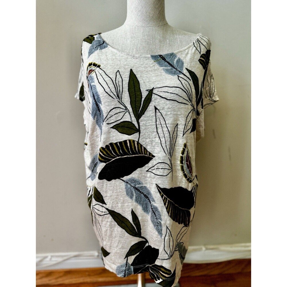 Tahari Women's 100% Linen Short Sleeve Blouse Top Tropical Leaf Print Cream Sz L